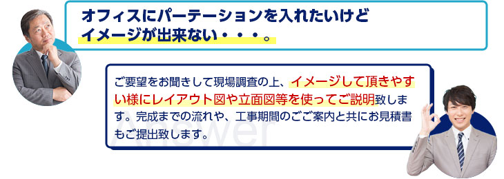 オフィスにパーテーションを入れたいけどイメージが出来ない・・・。